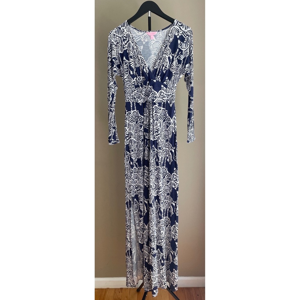 Navy White Maxi Dress Women's Small Lilly Pulitzer Zebra Print Boho Beach Resort